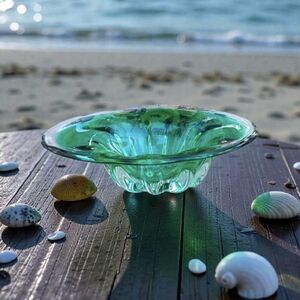 Mid Century Modernist  Art Glass Emerald Green Clear Freeform Bowl